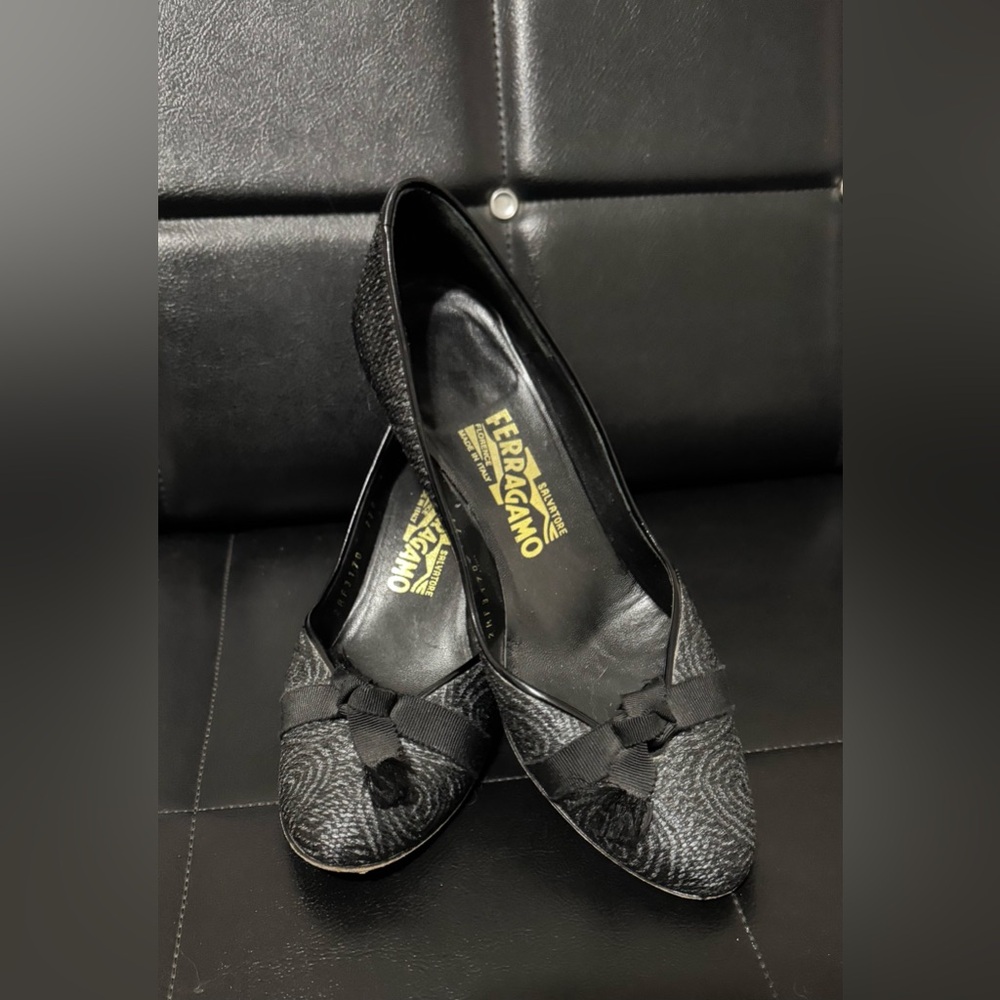 Salvatore Ferragamo Black Textured short heels “Sibillina” pump made in Italy
